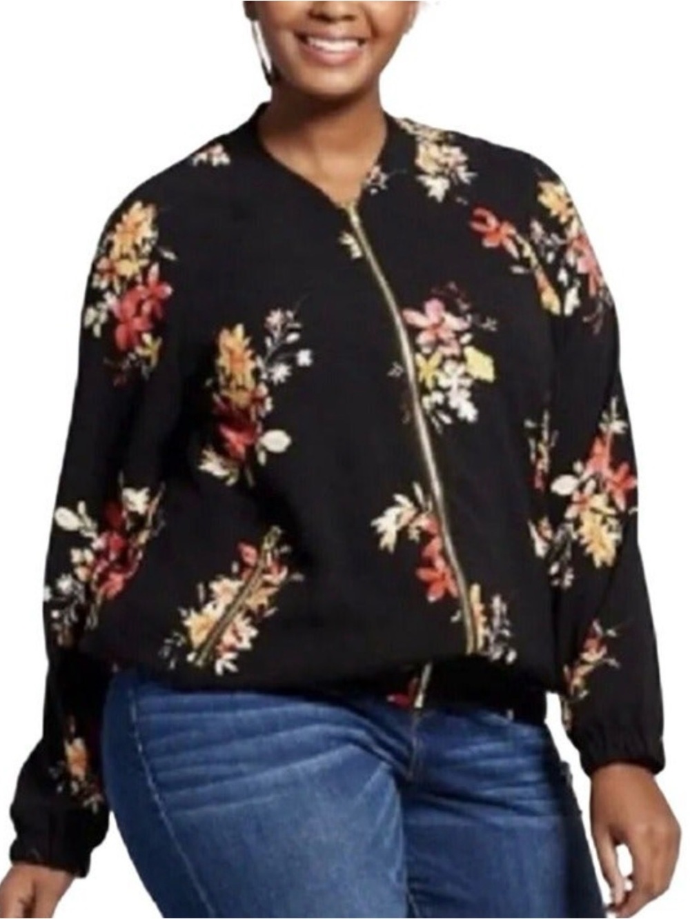 Ava & Viv Black Floral Zip Bomber Jacket